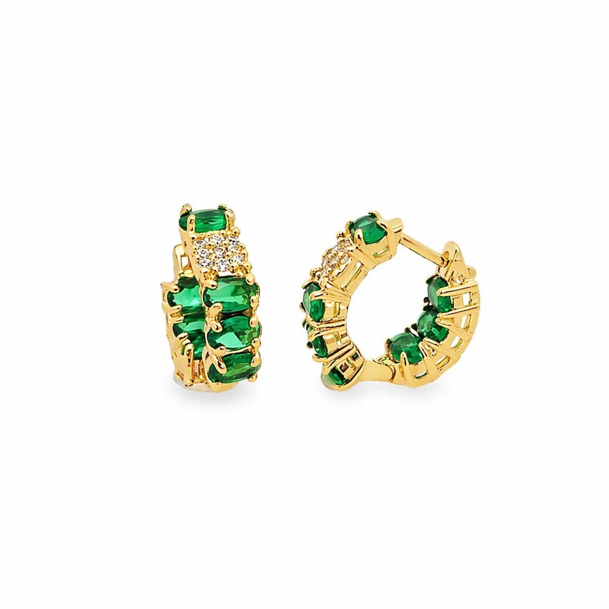 Green and clear pavé CZ huggie hoop earrings in gold finish