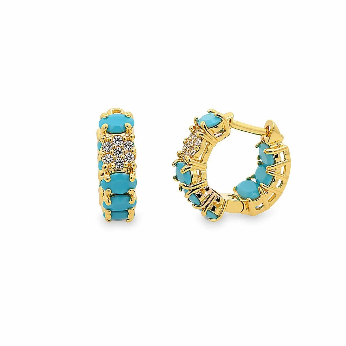 Turquoise and clear pavé CZ huggie hoop earrings in gold finish