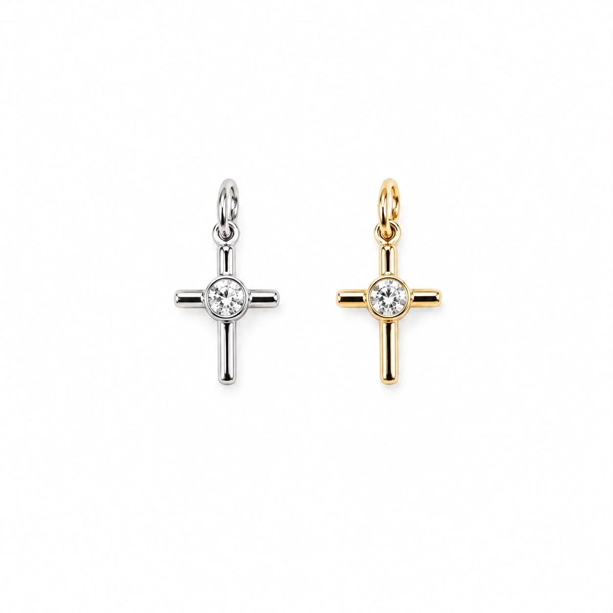 Gold-filled and rhodium-filled CZ cross charm finish options