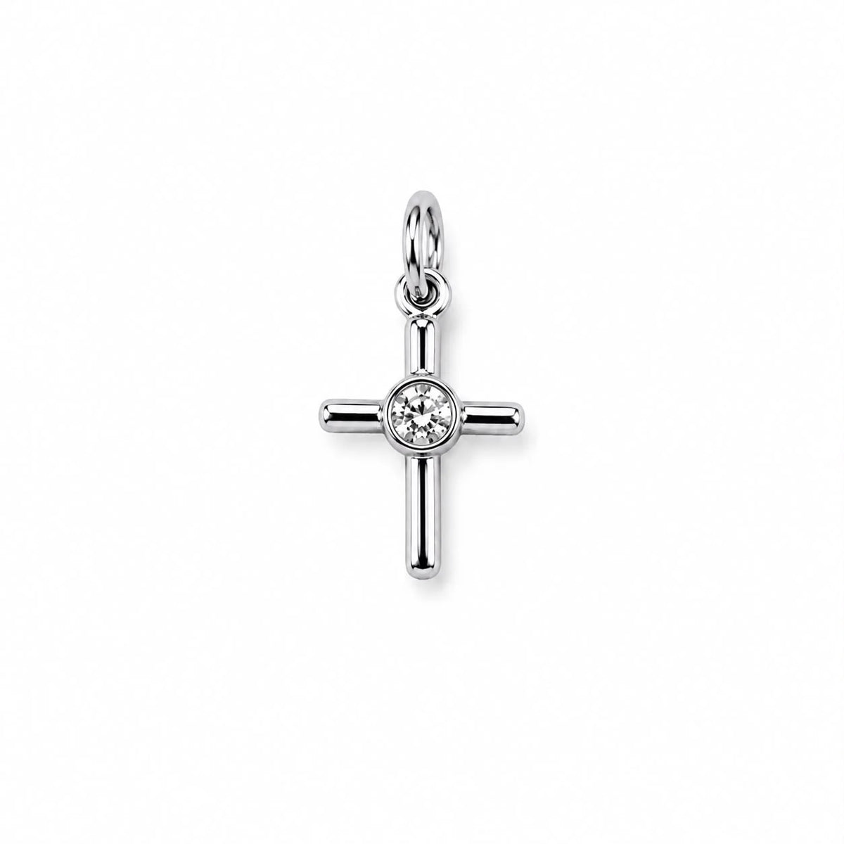 Rhodium-filled cross charm with hand-set cubic zirconia