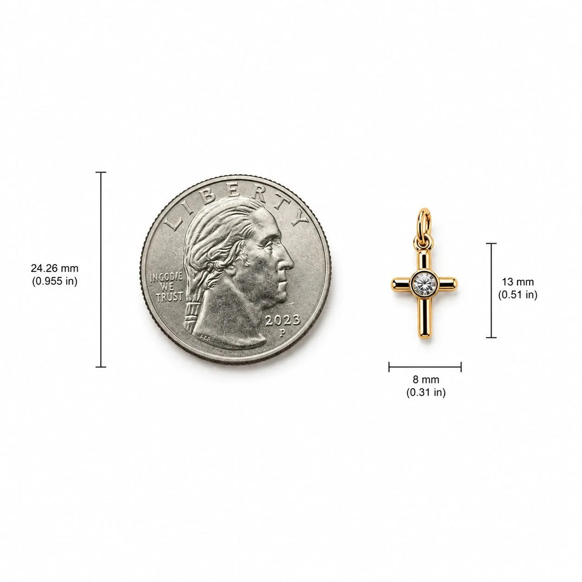 13 by 8 millimeter CZ cross charm size comparison