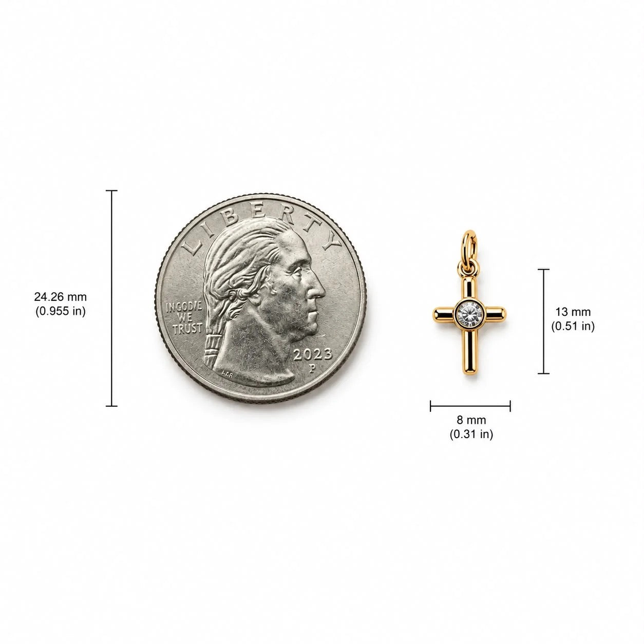 13 by 8 millimeter CZ cross charm size comparison