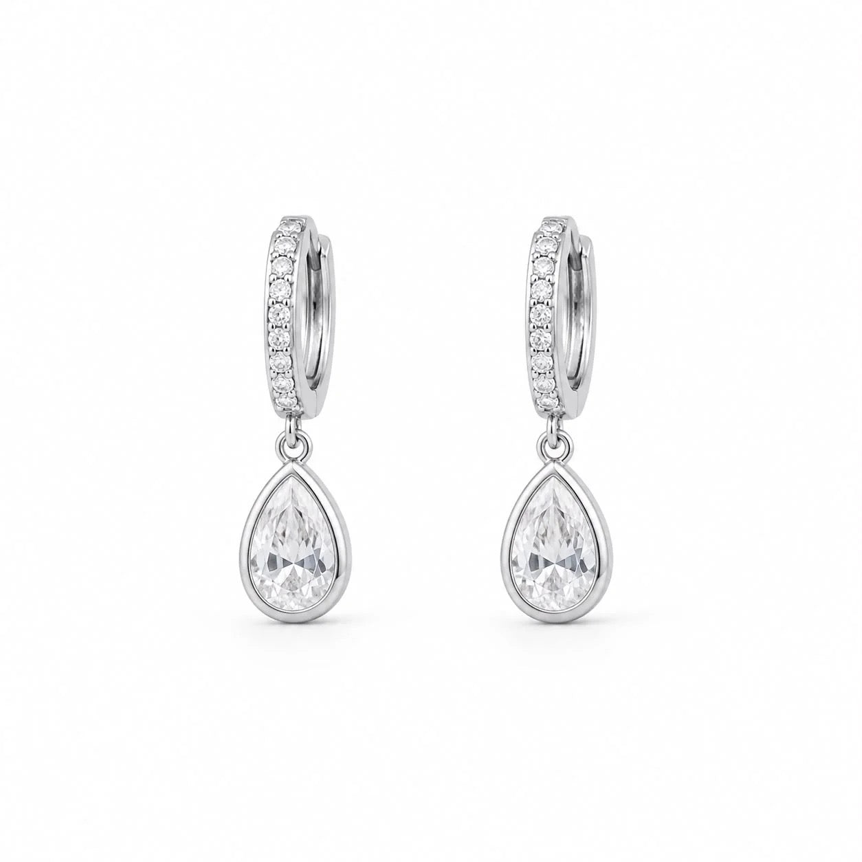 Rhodium-filled pear-cut cubic zirconia drop huggie earrings