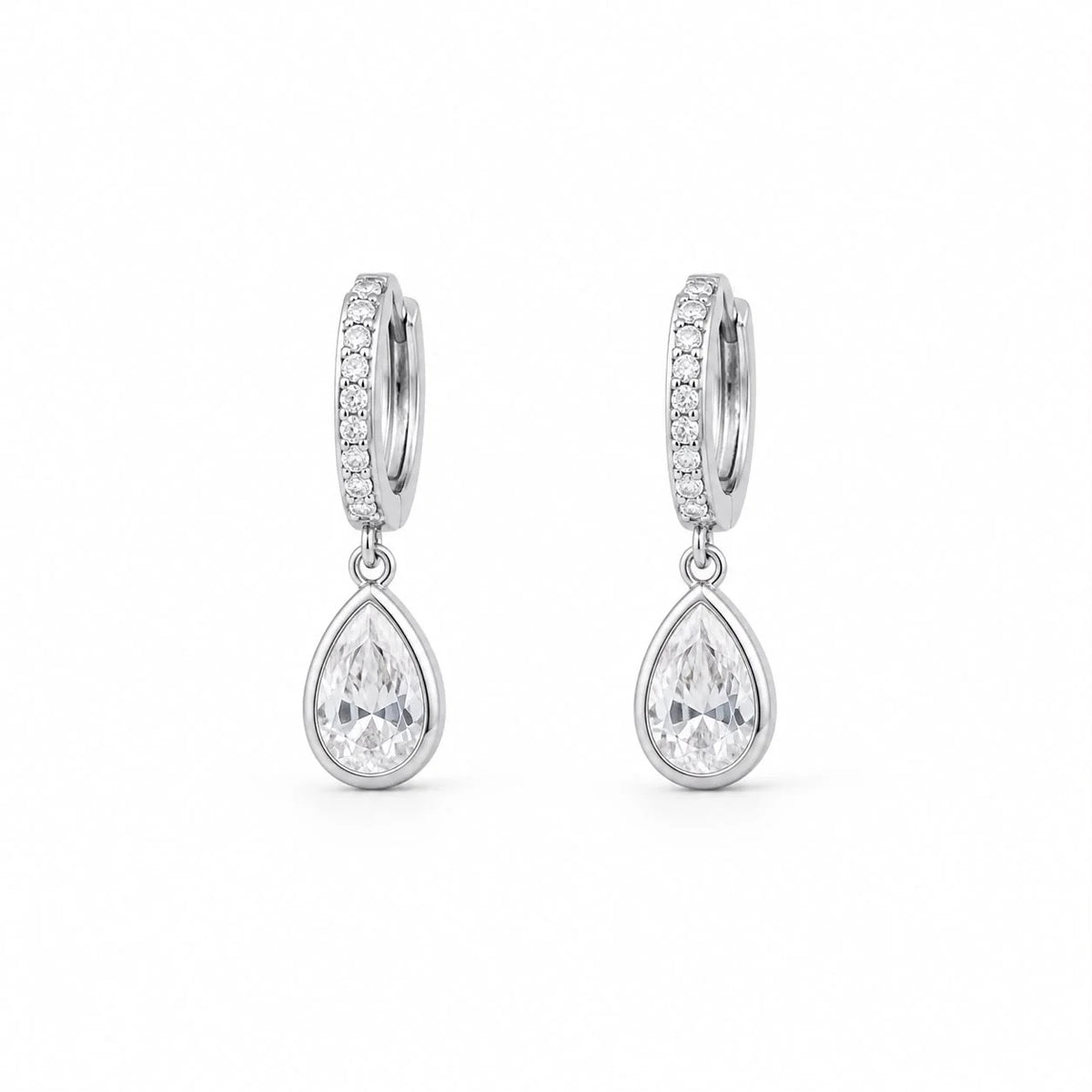Rhodium-filled pear-cut cubic zirconia drop huggie earrings