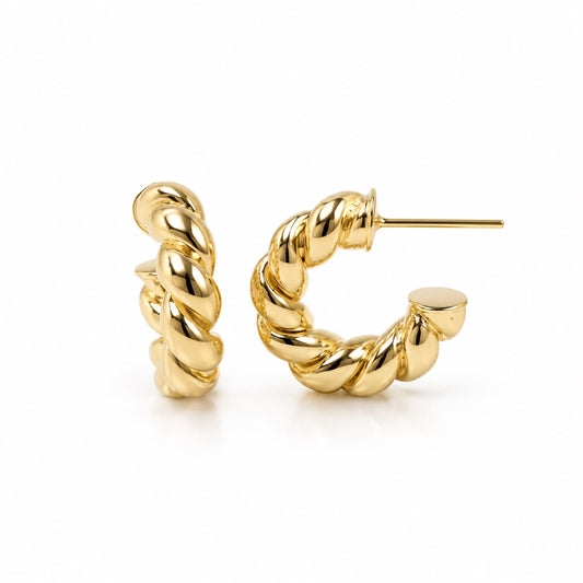 Gold twisted rope hoop earrings detail