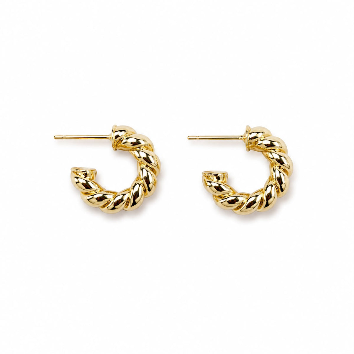 Gold twisted rope hoop earrings front view