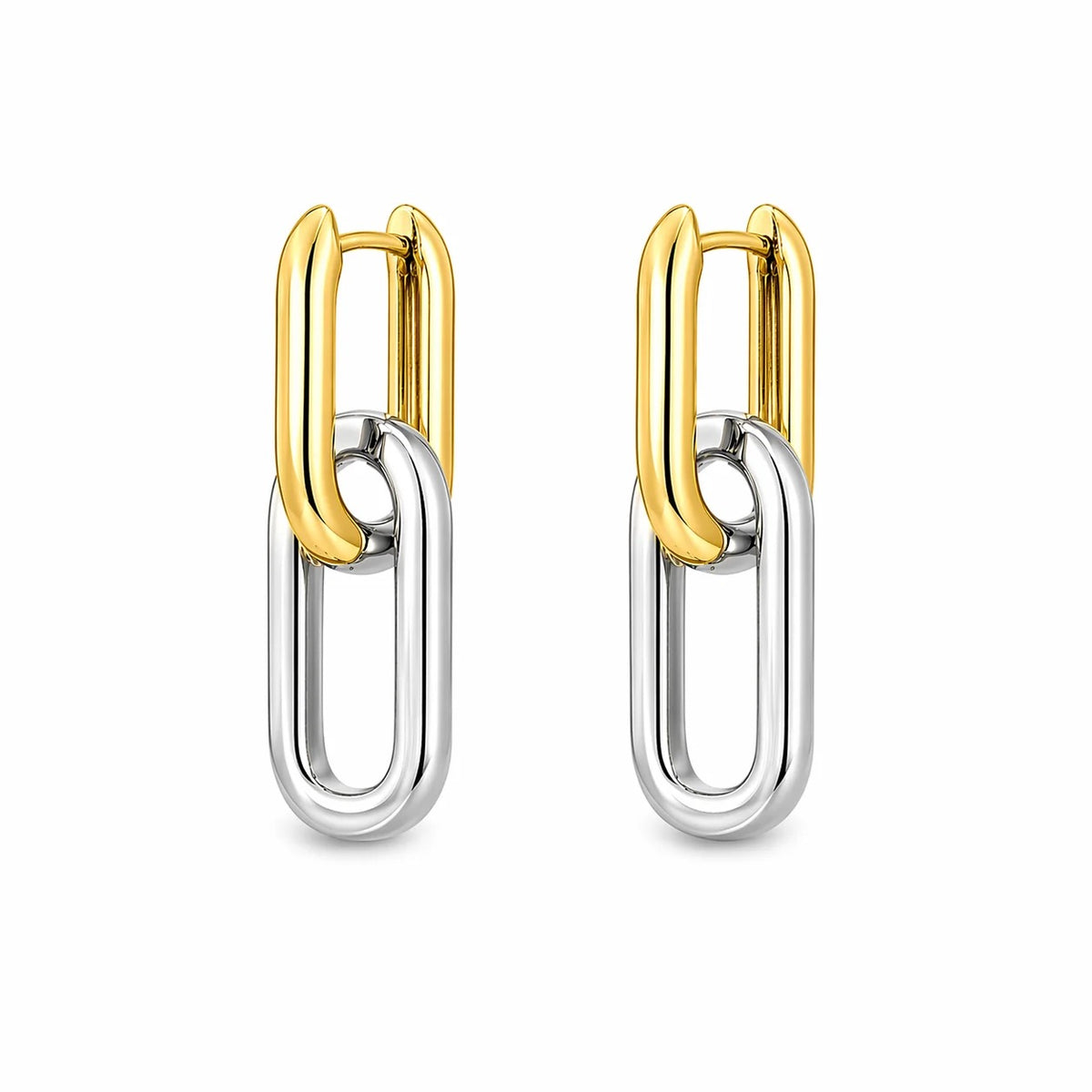 18K gold-filled two-tone paperclip link earrings in gold and rhodium